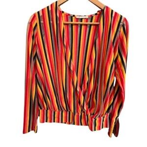 Zara Trafaluc Blouse Womens S Multicolor Striped Sheer Faux Wrap Top